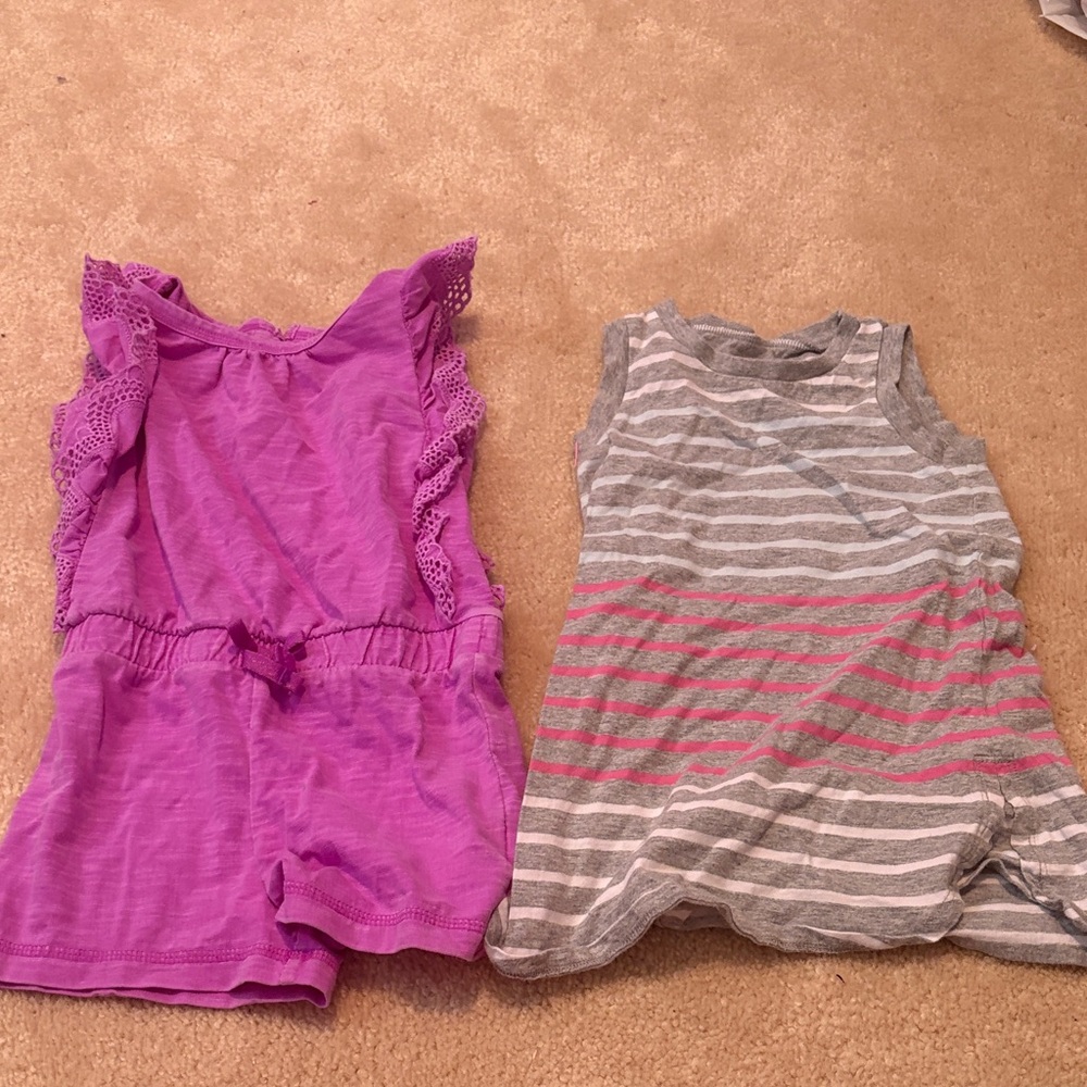 Purple Ruffle Romper and Gray Striped Dress